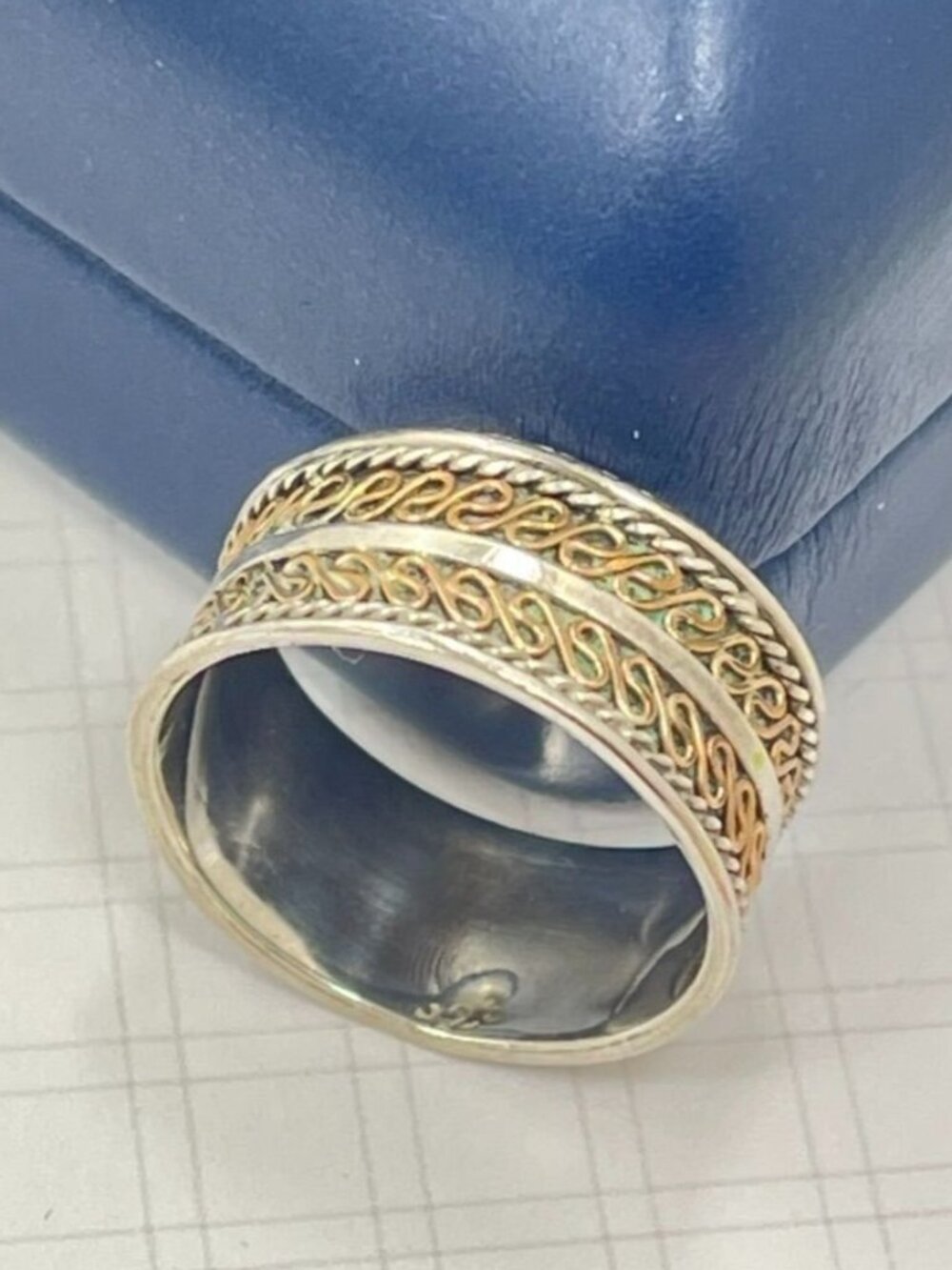 925 Sterling Silver & Brass Wide Band Scroll Ring Size 8.5-9
